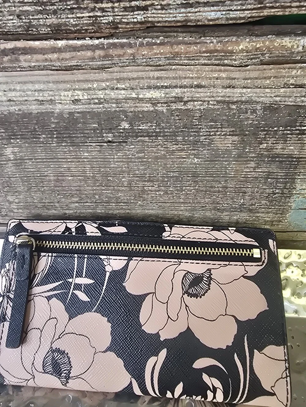 Kate Spade Black Blush Floral Continental Wallet Zip Pocket